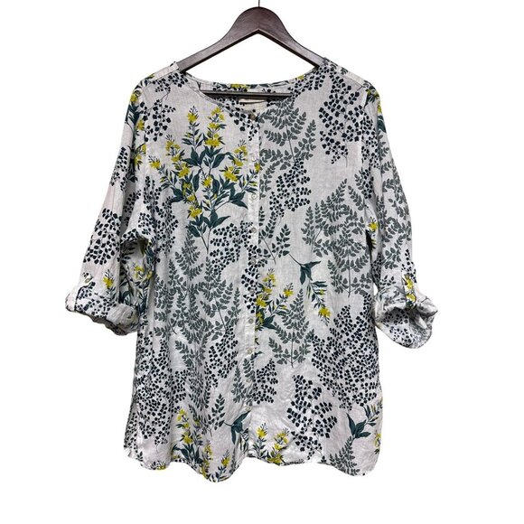 Cynthia Rowley Women's Shirt 100% Linen Floral Roll Tab Sleeve Button Size 1X - Picture 2 of 10